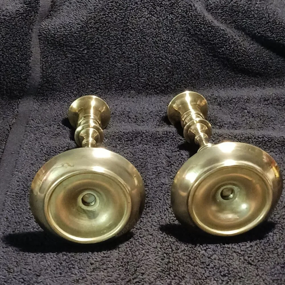 Brass 7 in. tall candlesticks Machine turned 1950-1970 with W makers mark